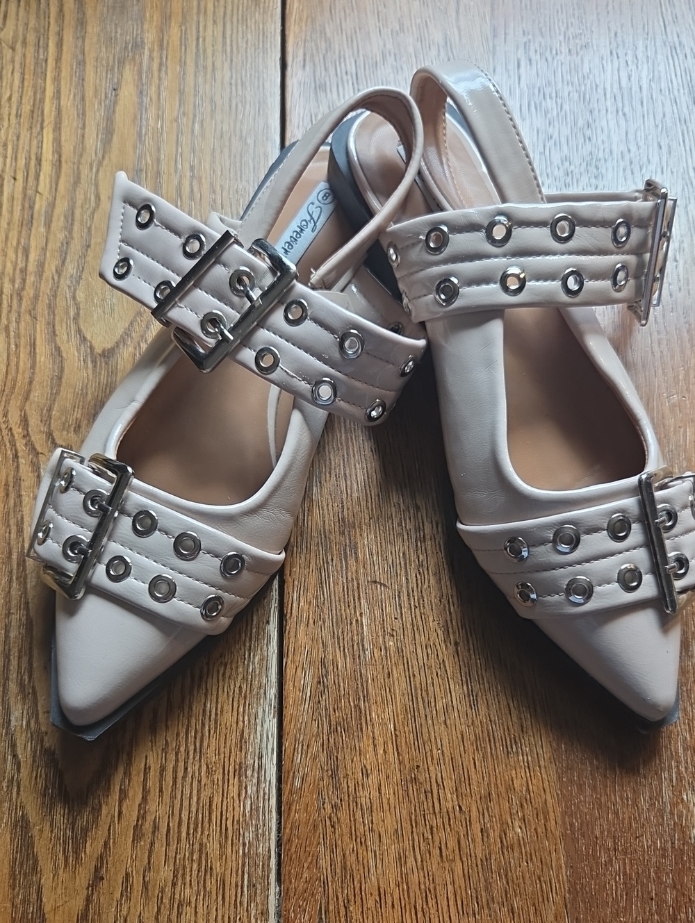 Beige Studded Pointed-Toe Buckle Flats